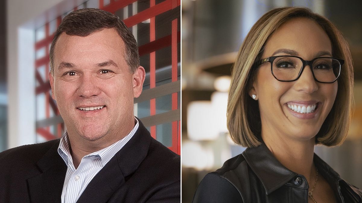 A headshot of outgoing State Farm CMO Rand Harbert paired with a headshot of his replacement, Kristyn Cook.