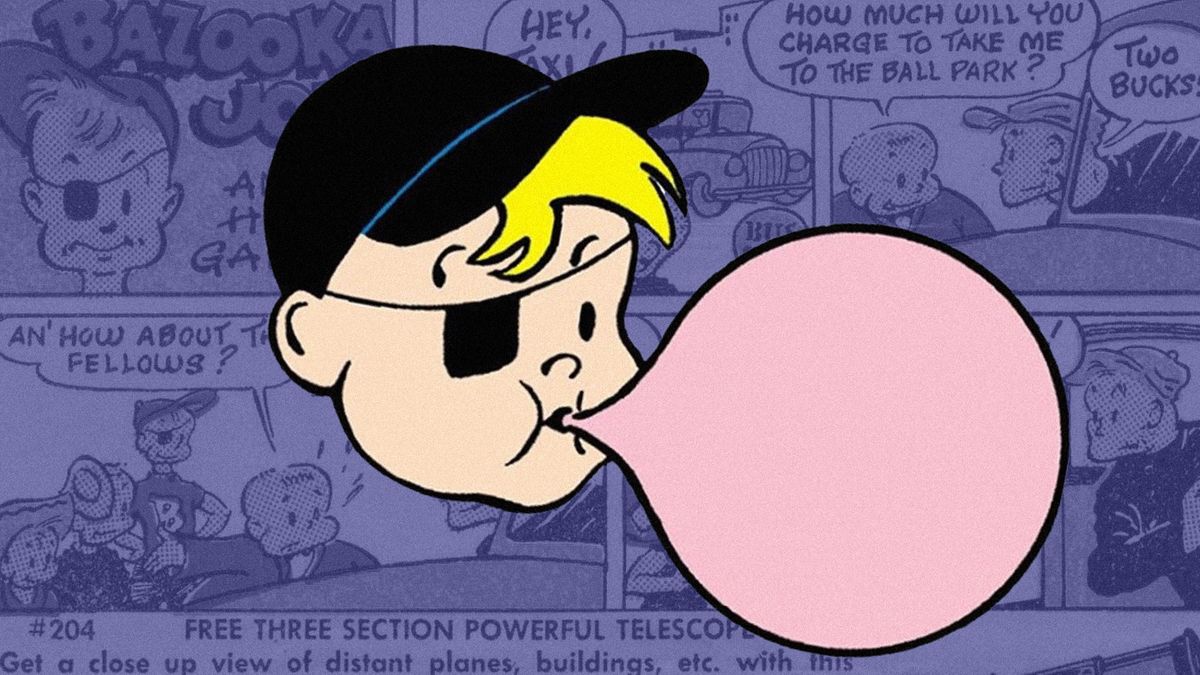 A logo of Bazooka gum is overlaid on a comic strip.