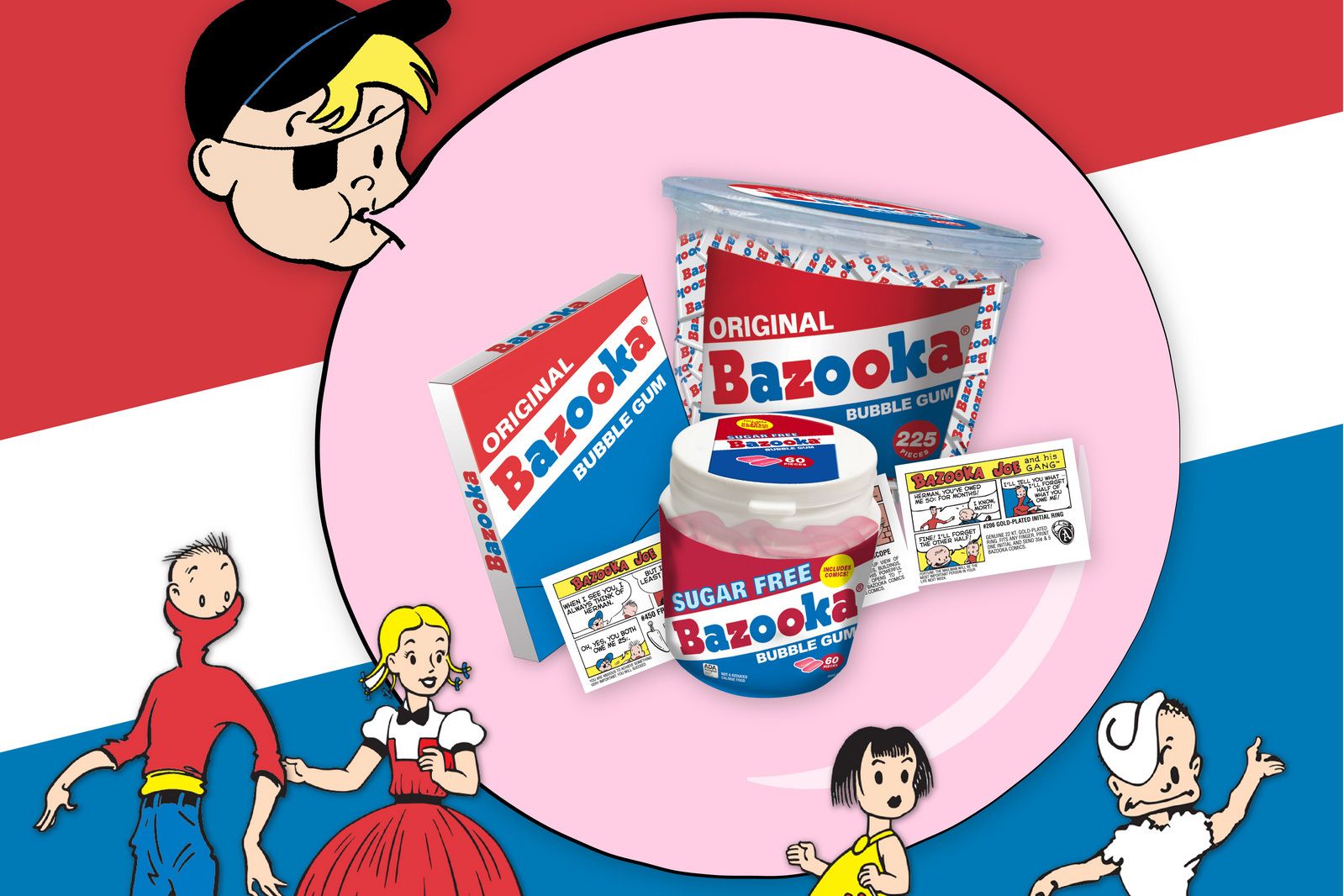 A cartoon Bazooka Joe blows a bubble containing containers of Bazooka gum. The background has red, white and blue stripes and members of Bazooka Joe's gang are at the bottom.