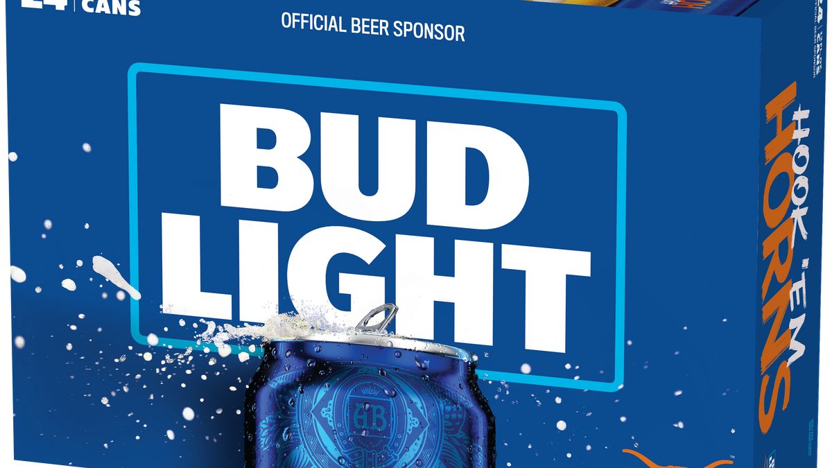 A blue case of University of Texas co-branded Bud Light against a white backdrop