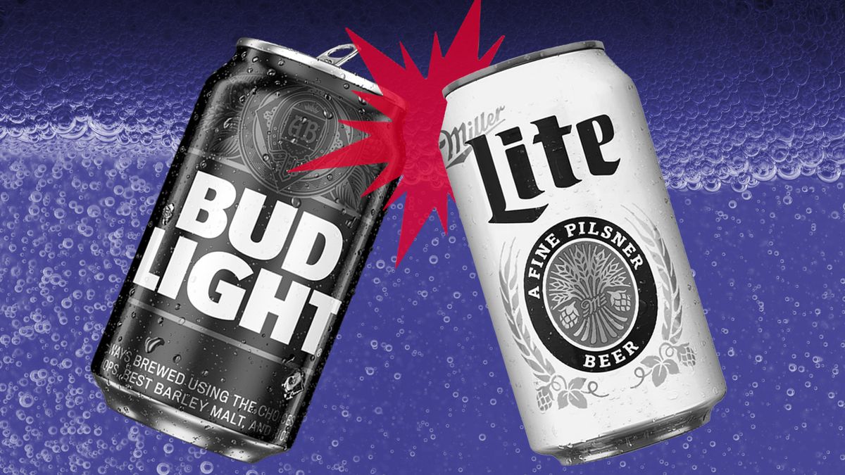 Bud Light can and a Miller Lite can on a bubbly background.
