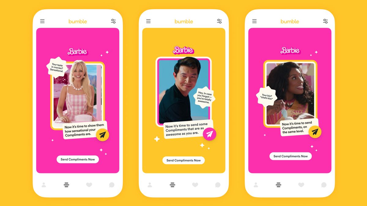 A campaign image promoting Bumble's partnership with "Barbie" that shows three of the movie's characters as potential matches.