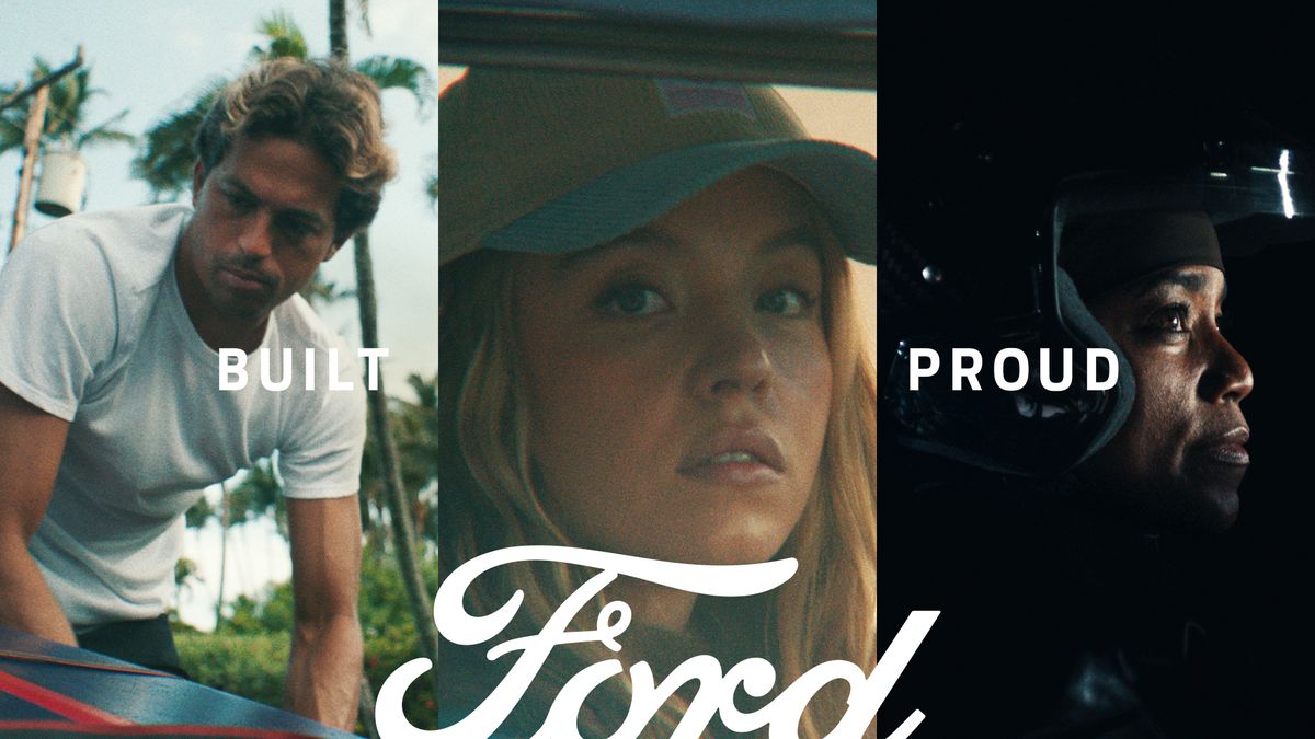 Campaign image for Ford's "Built Ford Proud" effort that includes images of actor Sydney Sweeney, stunt driver Dee Bryant and surfer Kai Lenny.