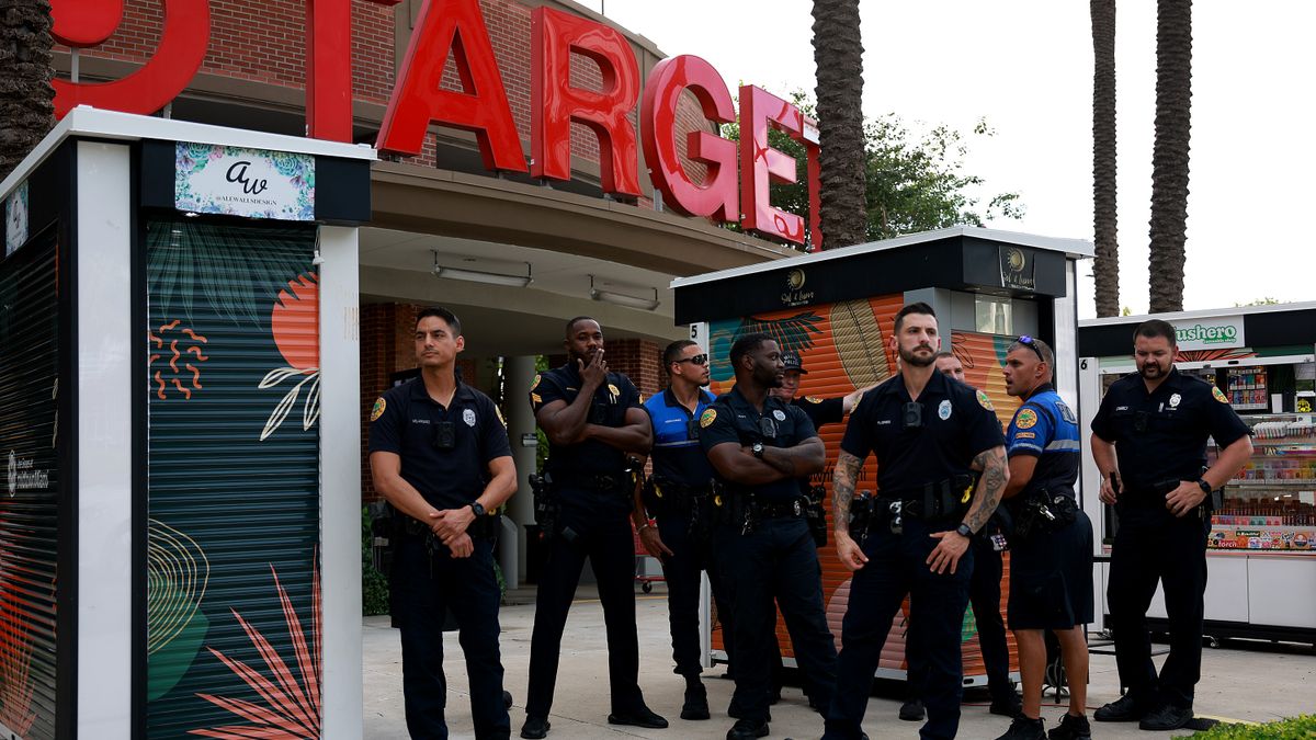 City of Miami police officers keep an eye on protesters outside of a Target store on June 01, 2023 in Miami, Florida.