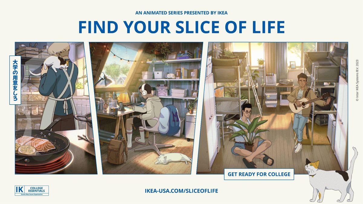 Three stills from Ikea's slice of life anime.