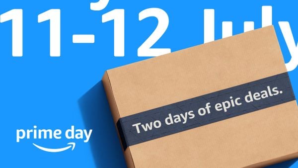 A brown package on a bright blue background that says "Prime Day" and "July 11-12."