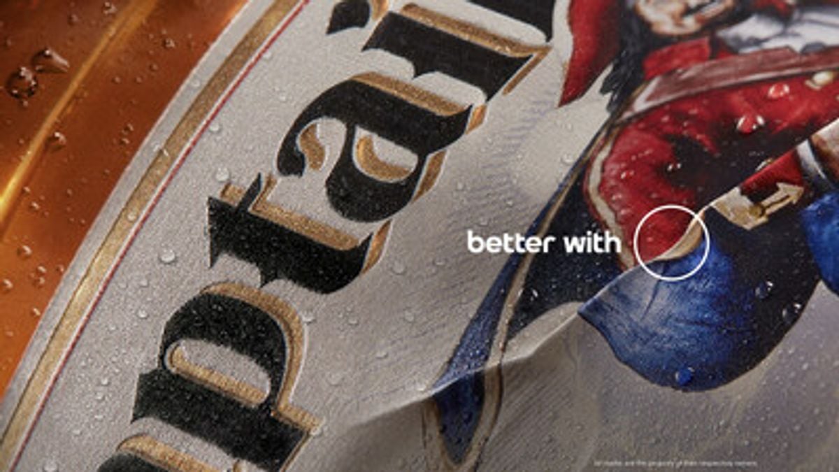 A Pepsi ad reveals the brand's globe hidden in a crinkled Captain Morgan label.