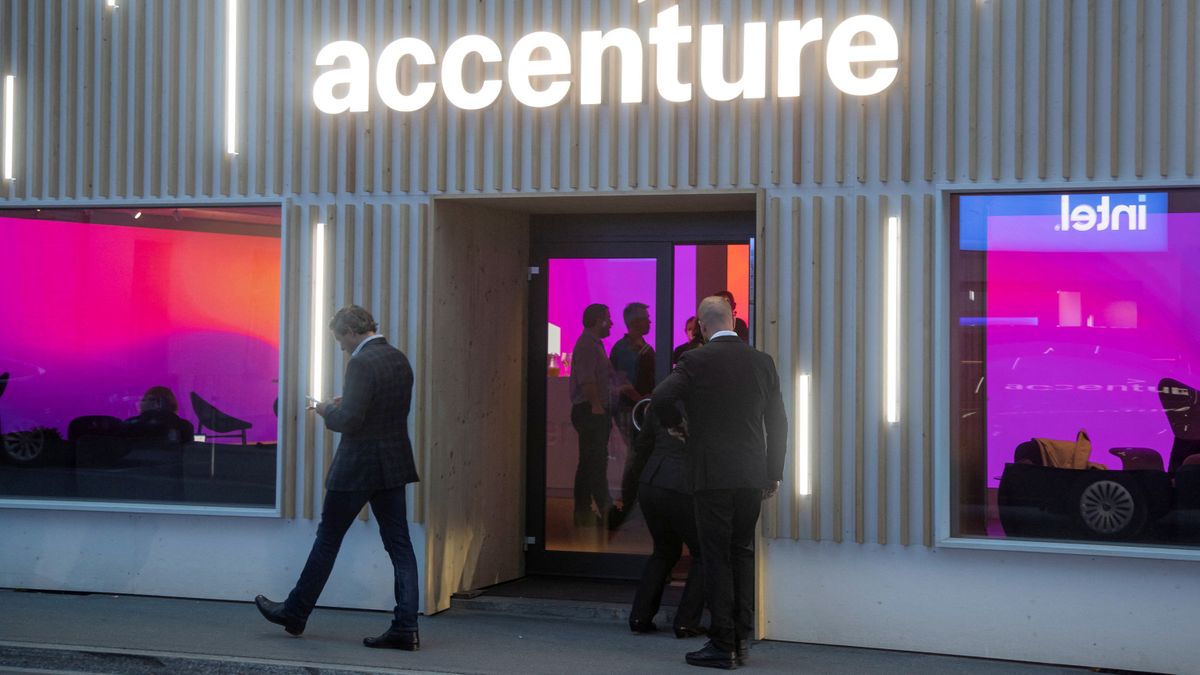 Accenture's logo is placed at a temporary office during the World Economic Forum 2022 in Davos, Switzerland on May 25, 2022.