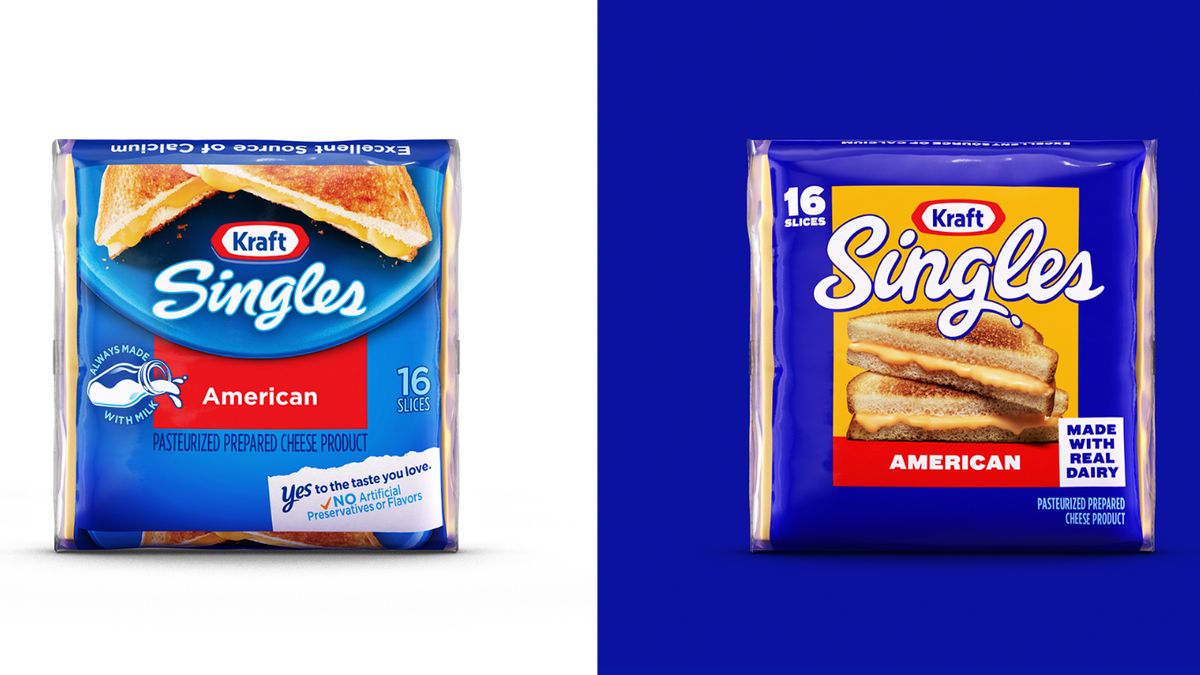 A side-by-side comparison of Kraft Singles packaging before and after the brand refresh.