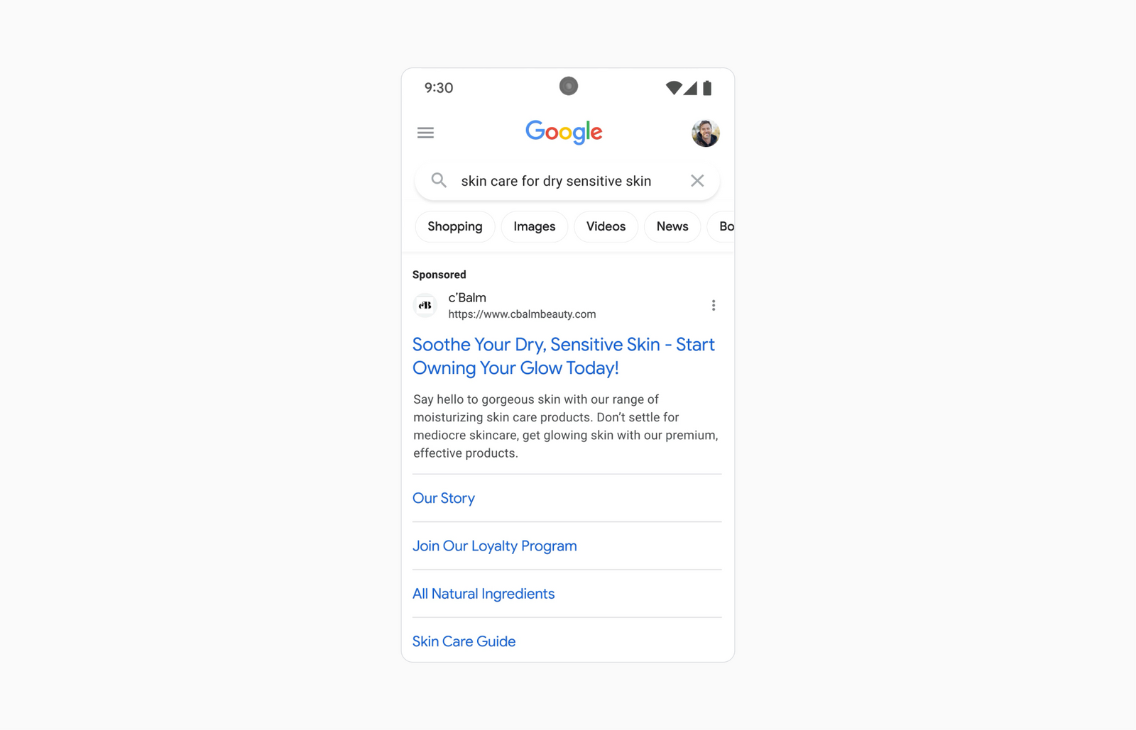 A preview snapshot of Google's new ACA product shows a mobile phone surfacing a answers to a query about dry, sensitive skin.